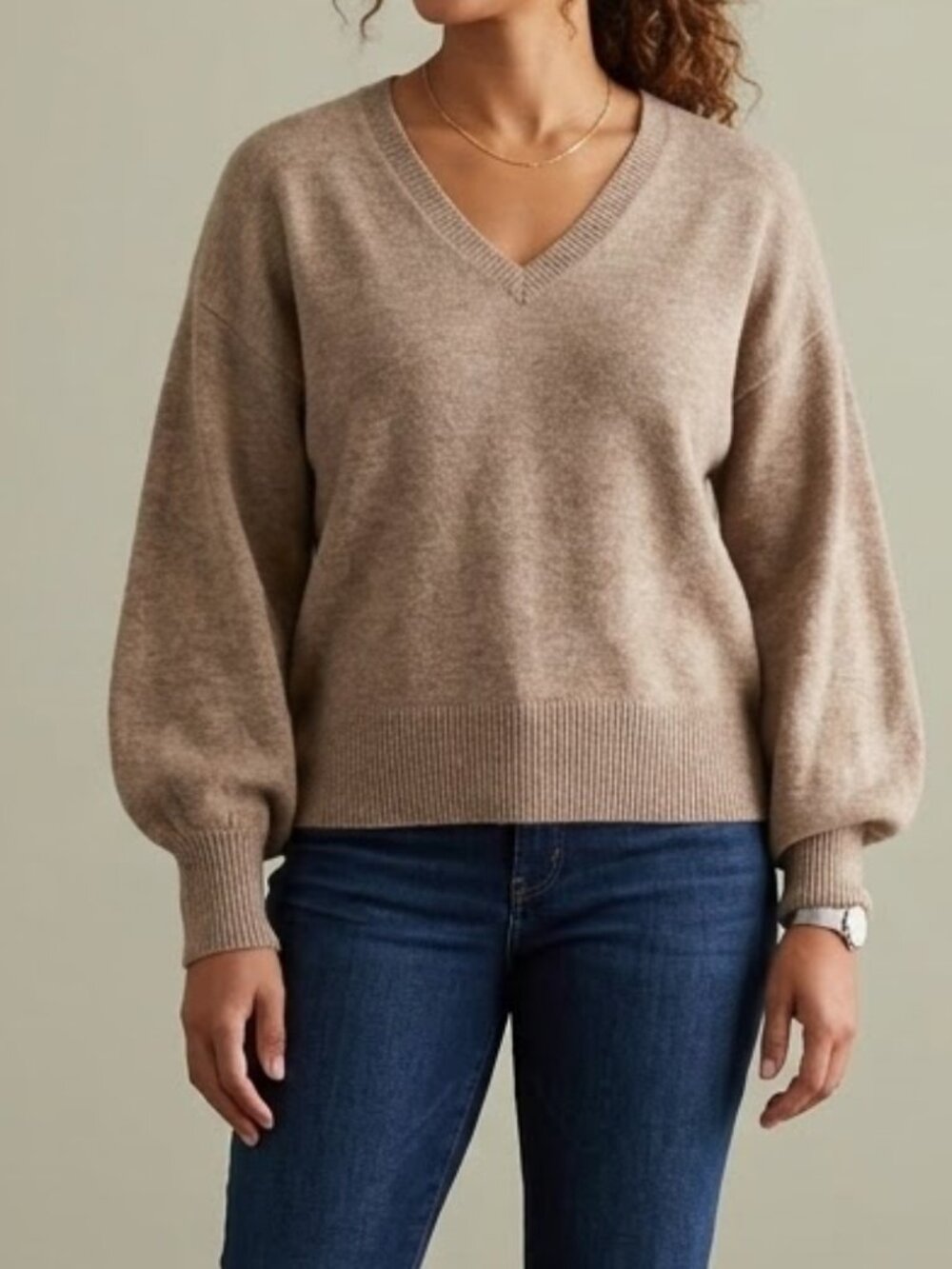 NWT Ann Taylor Factory Womens Brown Knit Sweater Balloon Sleeve Large Minimalist